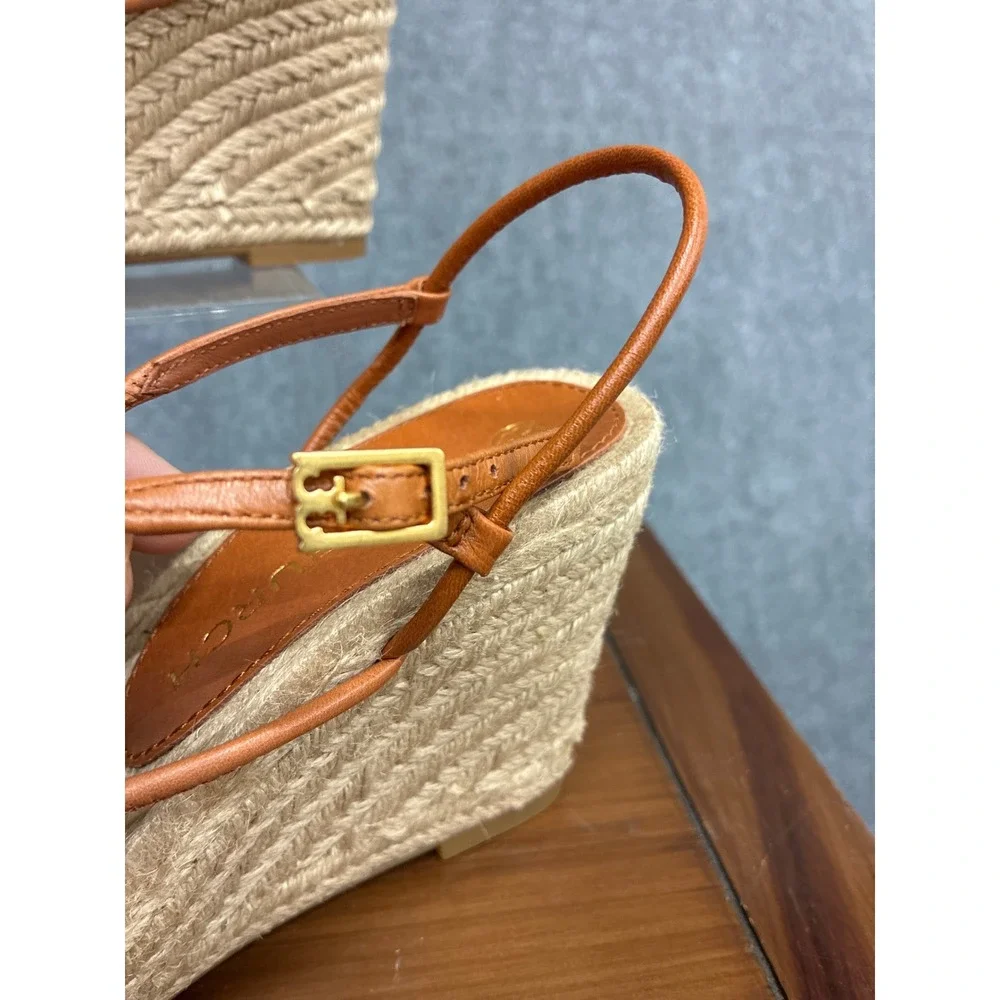 Tory Burch Tan Leather Strappy Espadrille Wedge Sandals Size 7.5 NEW